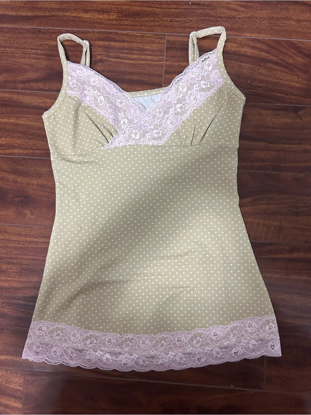 Polka Dot Lace Trim Cami Tank - Pink Lace on Cream